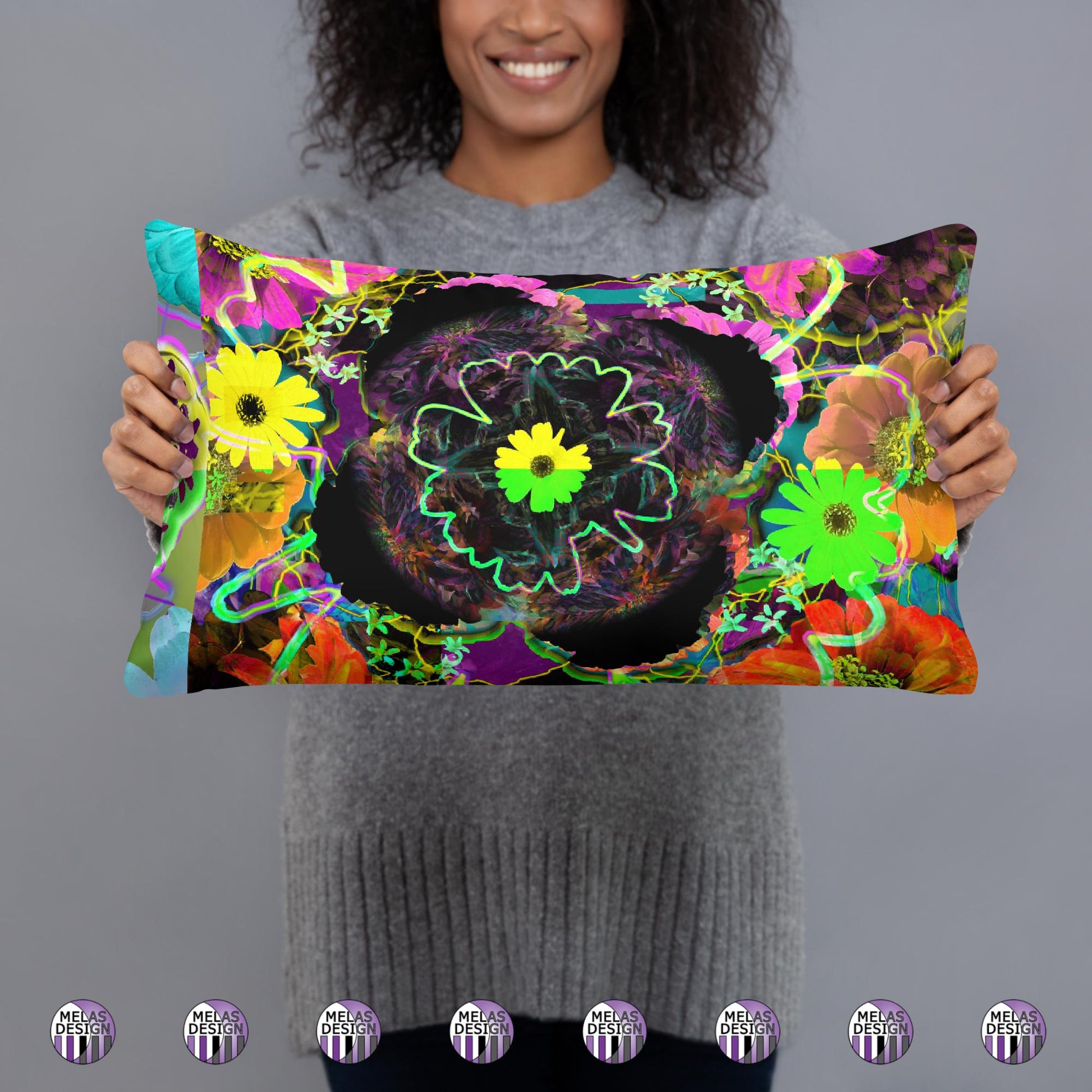 Color Joy Flower Power Throw Pillow v3; model holding Product mockup; 20x12; front