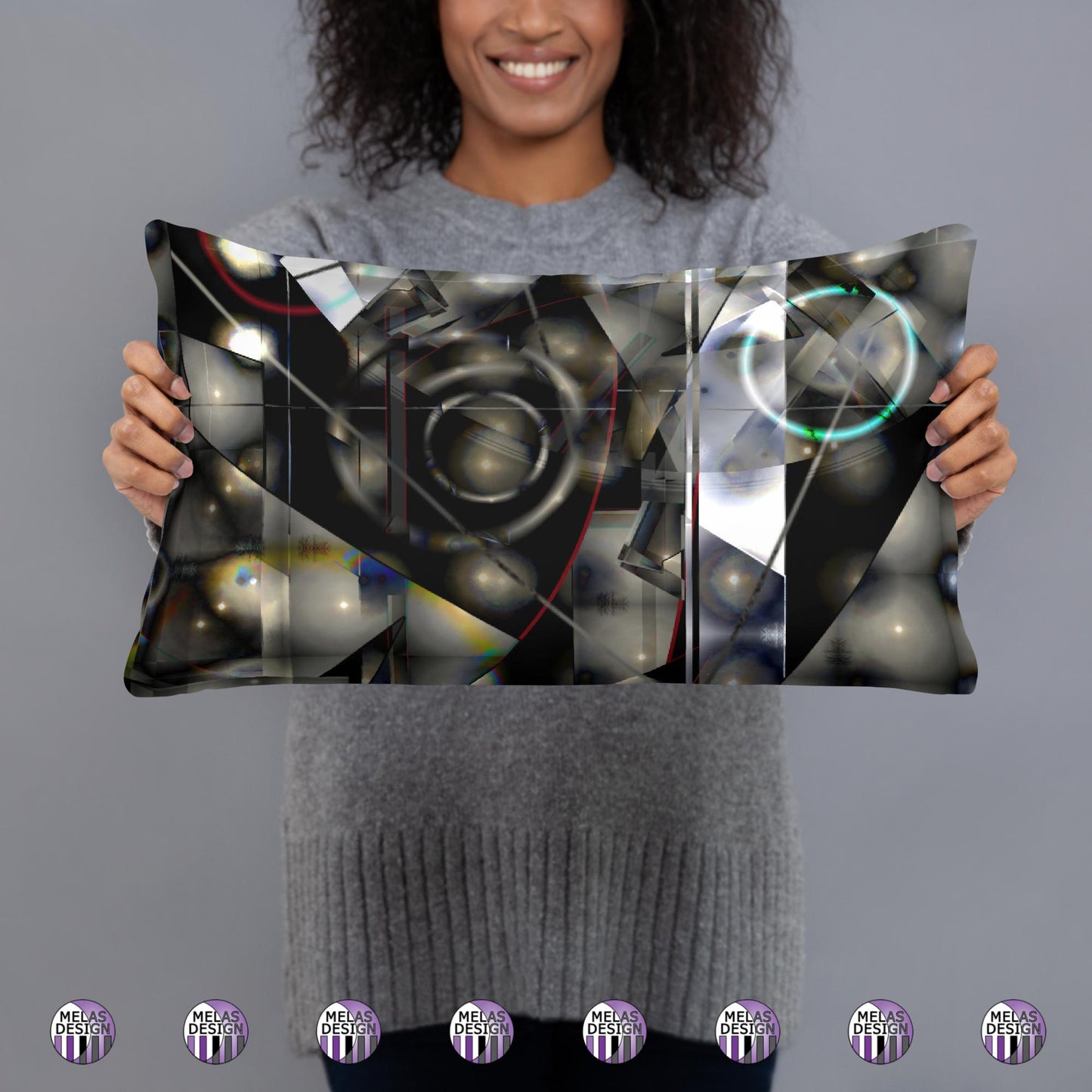 Cold Moon Yule Meditation Basic Pillow Abstract; 20x12; front; Product mockup as held by model with Melasdesign logos; 