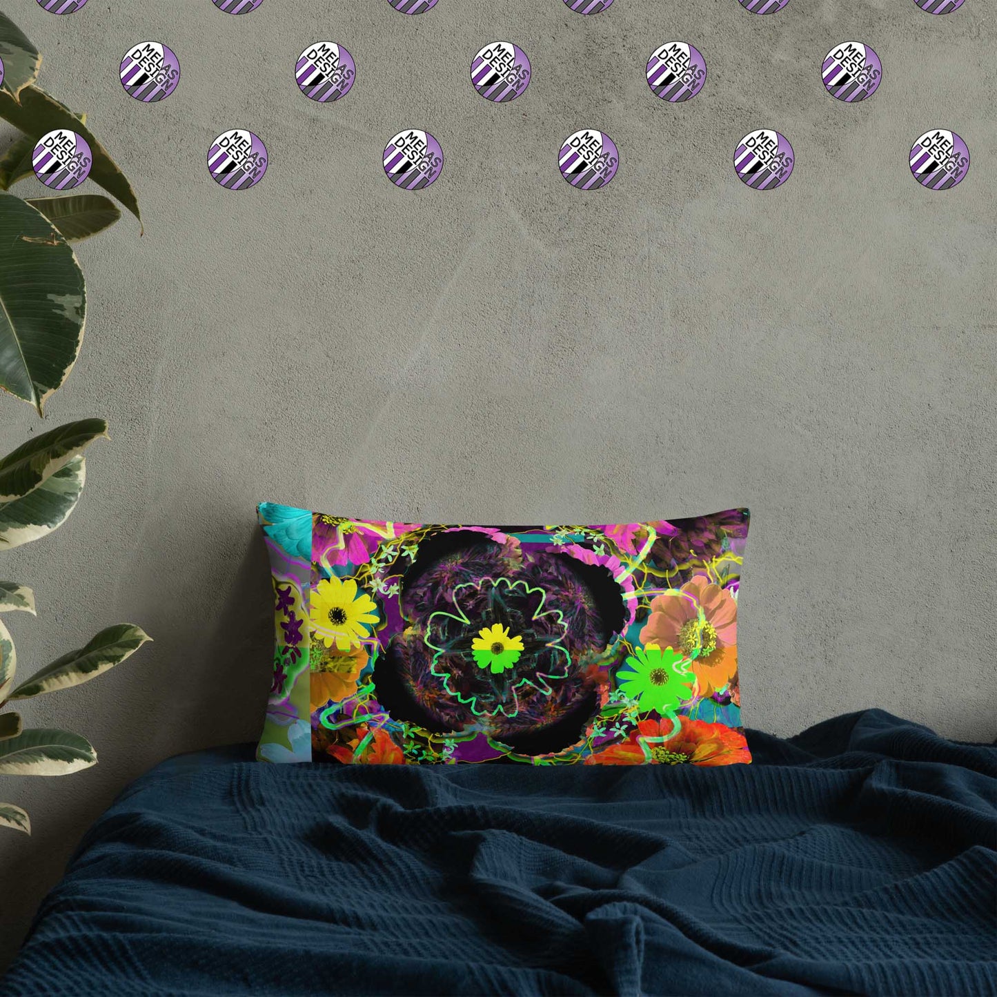 Color Joy Flower Power Throw Pillow v3; 12x20; product mock-up on bed with plant and Melasdesign logos