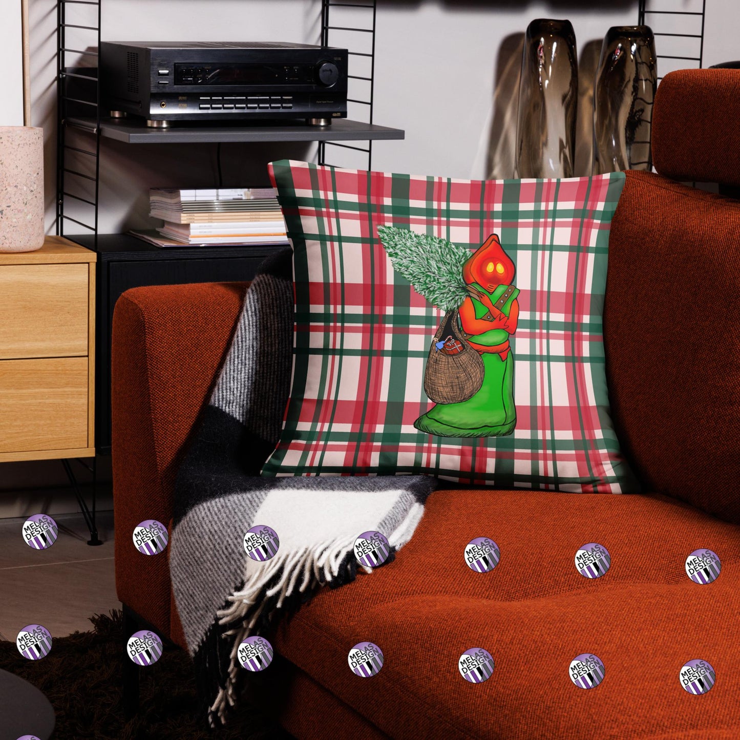 Cryptid Santa Flatwoods Monster Throw Pillow Plaid; 20x20; Melasdesign