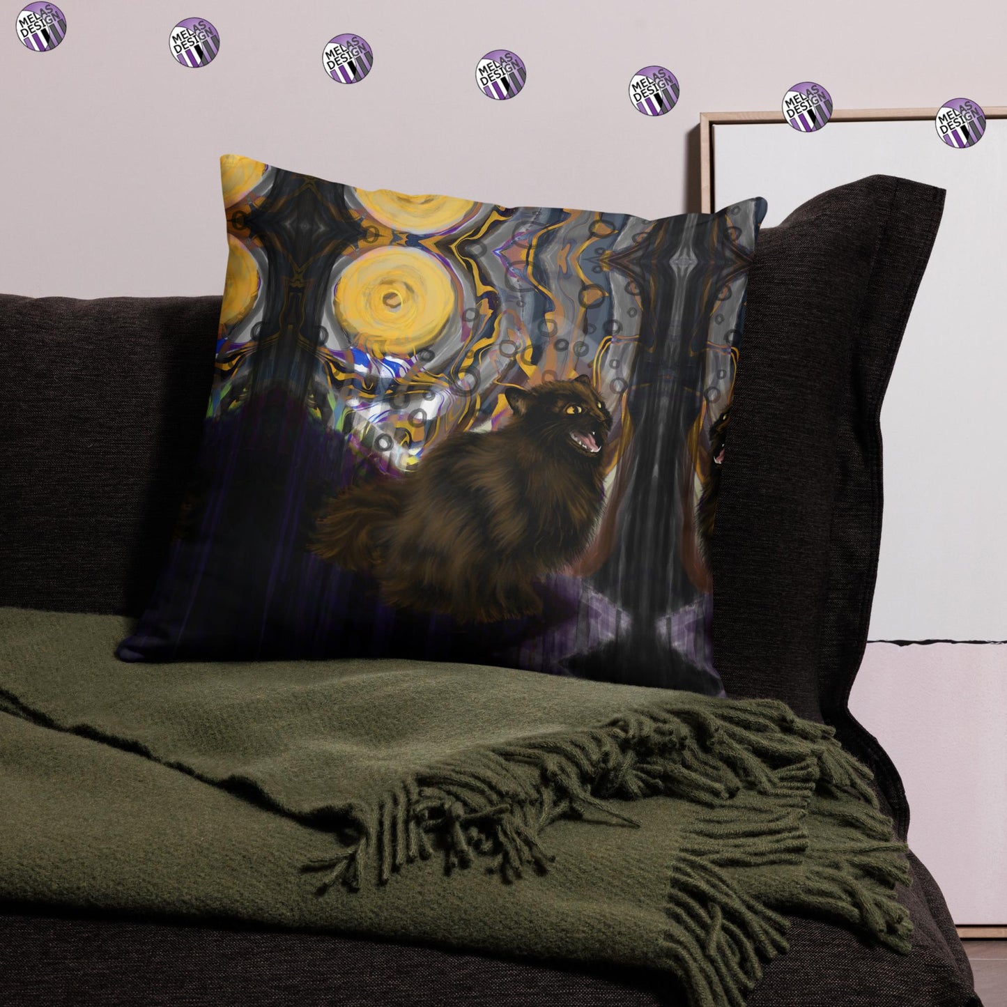 Yowling Black Cat Autumn Moonlight Pillow; 22x22; throw pillow; square