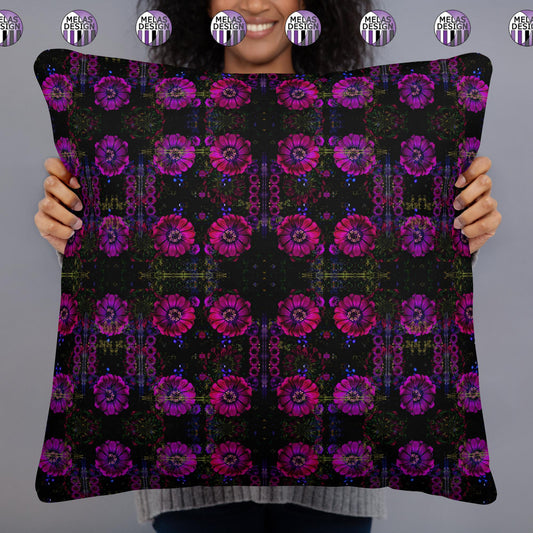 Hot Trippy Zinnias Throw Pillow Pink Purple Black; Melasdesign; 20x20