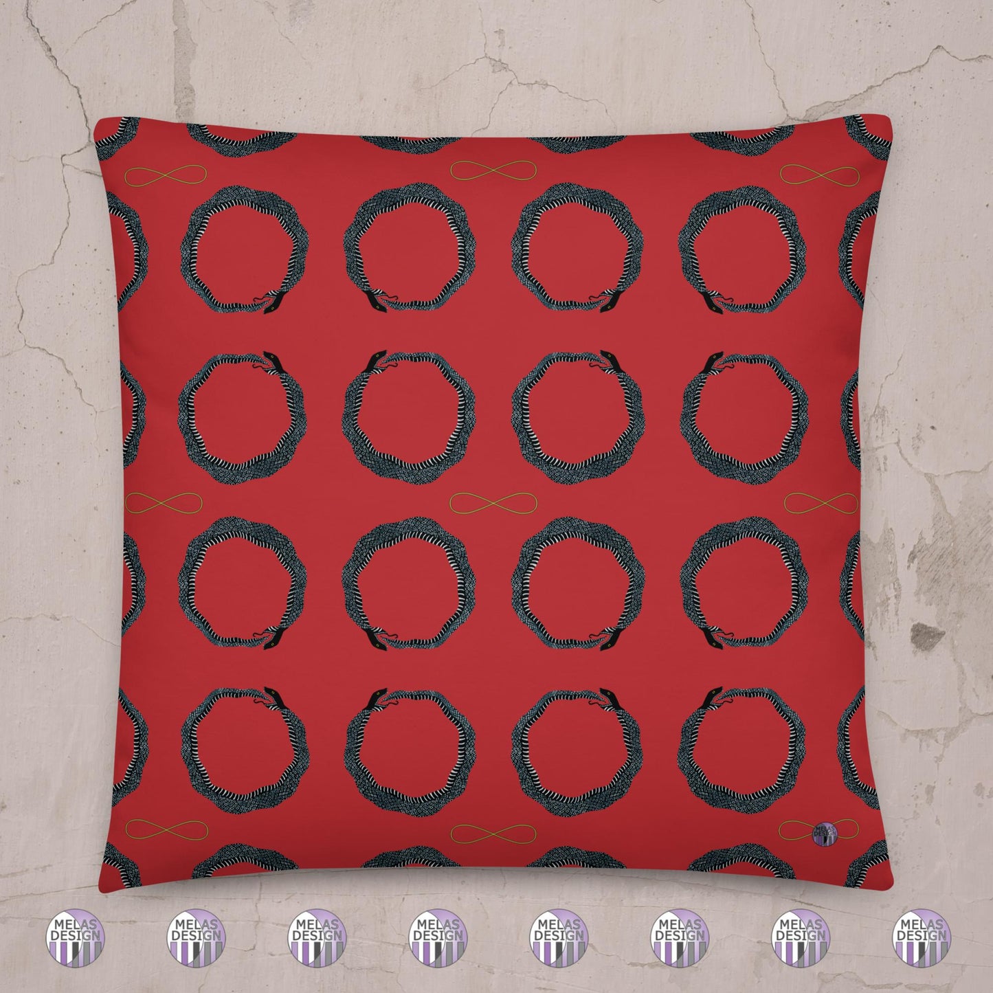 Ouroboros Infinity Throw Pillow Red Black; back; 20x20