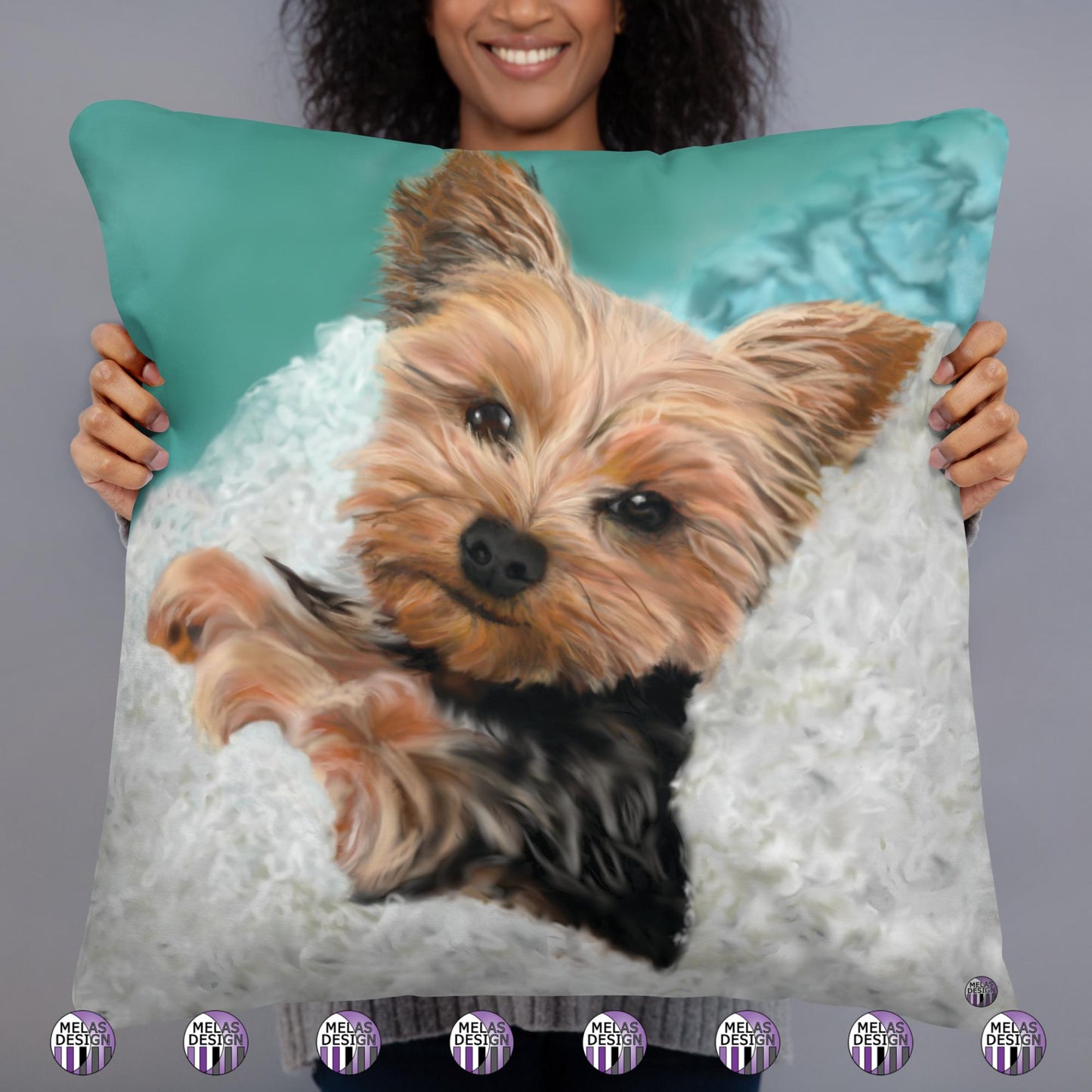 Chewie the Adorable Yorkie Dog Throw Pillow; 22x22; back; square