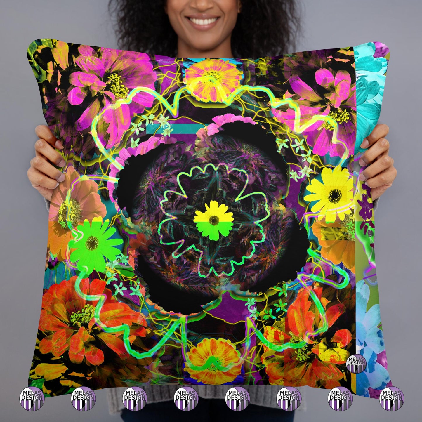 Color Joy Flower Power Throw Pillow v3; model holding Product mockup; 22x22; back