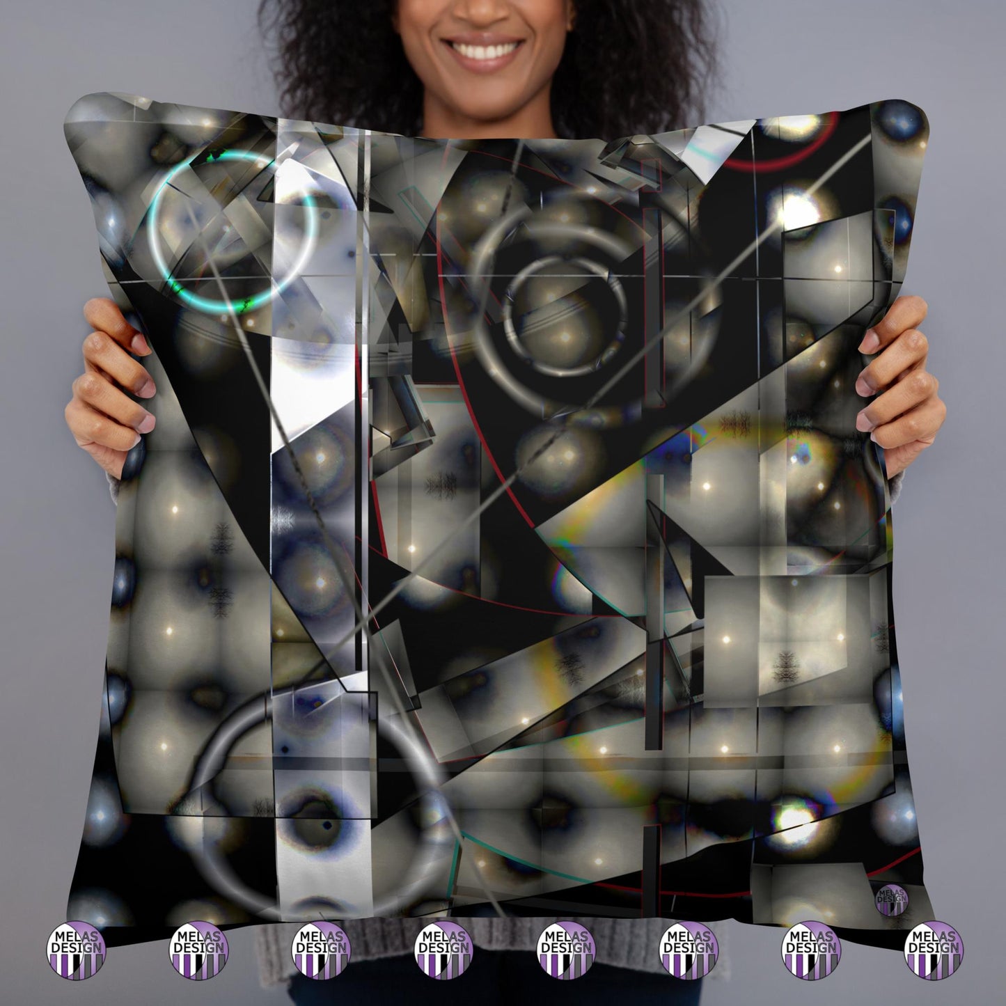 Cold Moon Yule Meditation Basic Pillow Abstract; 22x22; back; Product mockup as held by model with Melasdesign logos; 