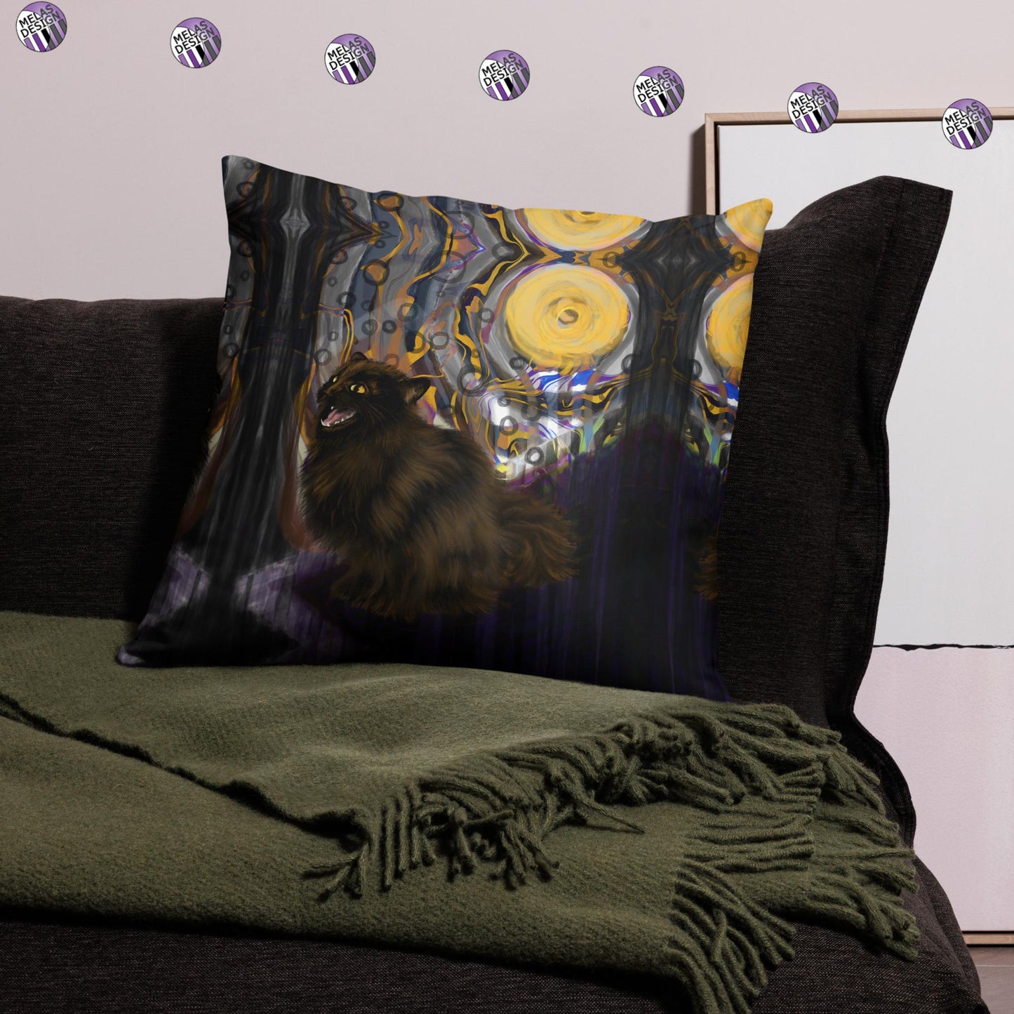 Yowling Black Cat Autumn Moonlight Pillow; square throw; shop small