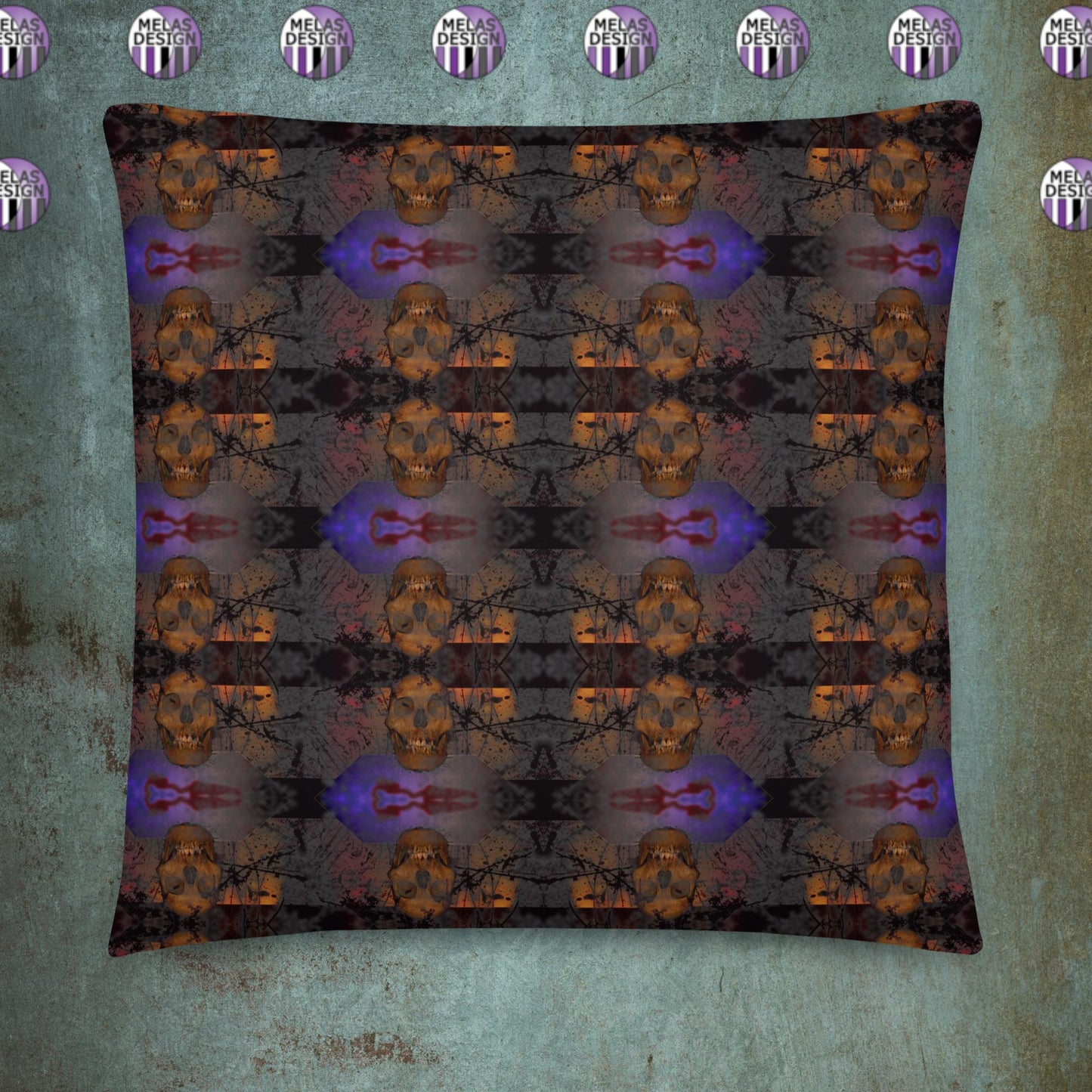 Grave Dirt Brown; Paris Catacomb Skulls Pillow; Black Purple; 20x20; square