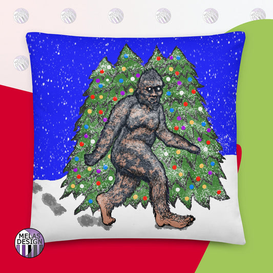 Snowy; Cryptid; Holiday; Squatch Throw Pillow; front; 22x22; Melasdesign