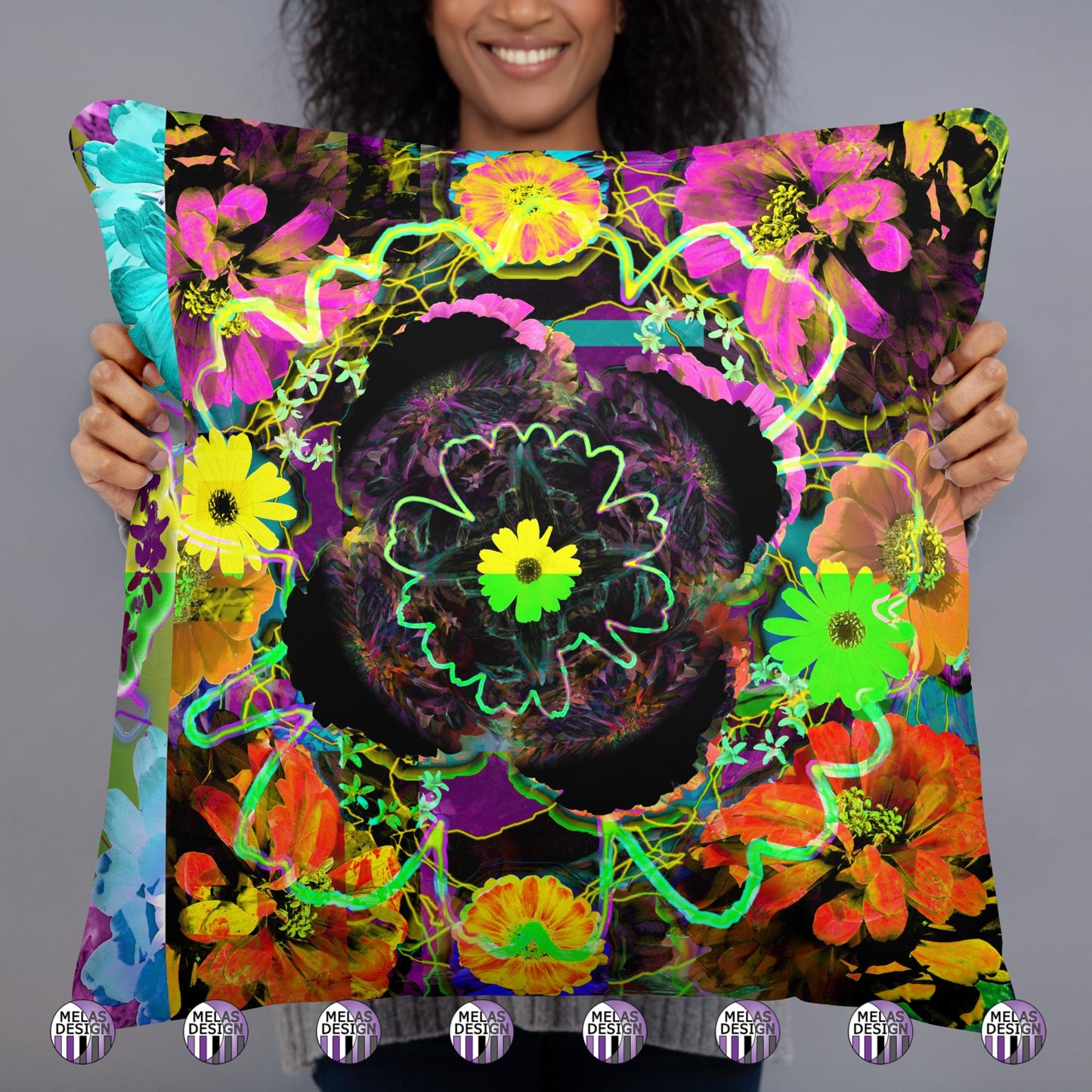 Color Joy Flower Power Throw Pillow v3; model holding Product mockup; 22x22; front