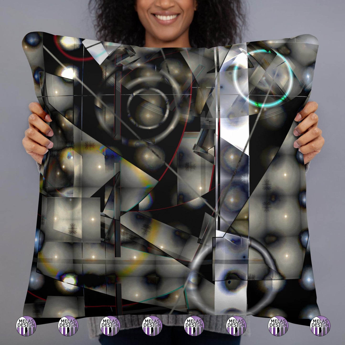 Cold Moon Yule Meditation Basic Pillow Abstract; 22x22; front; Product mockup as held by model with Melasdesign logos; 