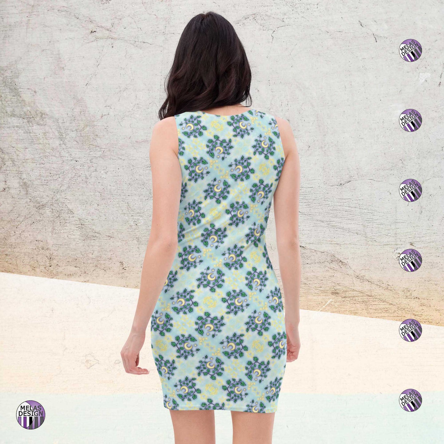 Ivy Moon Stars Witchy Bodycon Dress; Product mockup on model facing back; Melasdesign logos