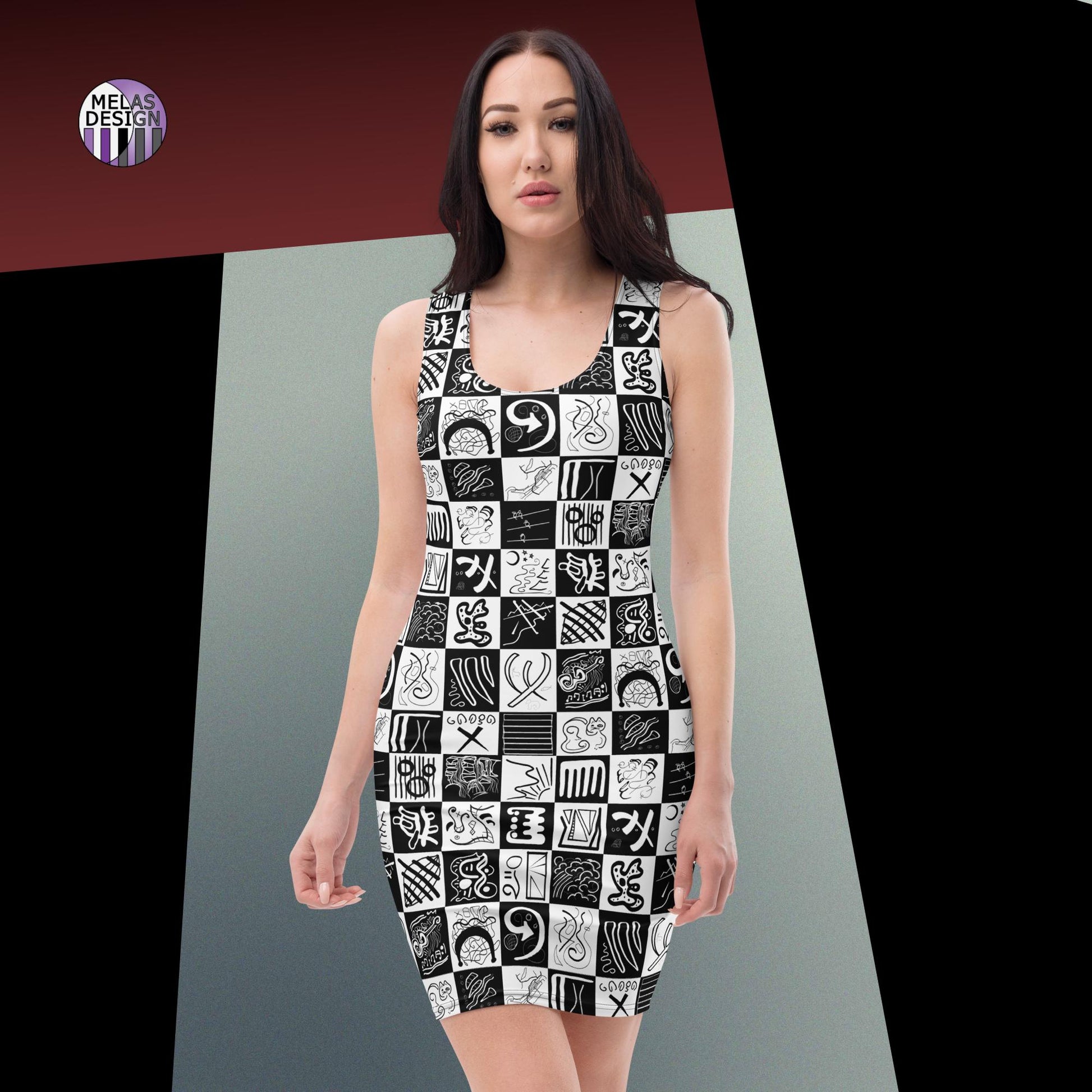 Mela Does Kandinsky Checkerboard Body-con Dress; alternative; checkerboard; dress; black white; abstract; fashion; Melasdesign; ode to Kandinsky; Thomas WV; small business; weird girl
