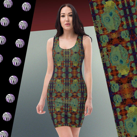 Glowing Skulls Bodycon Dress with Paris Catacomb Skull; product mock-up on model facing front; pattern detail; Melasdesign logo