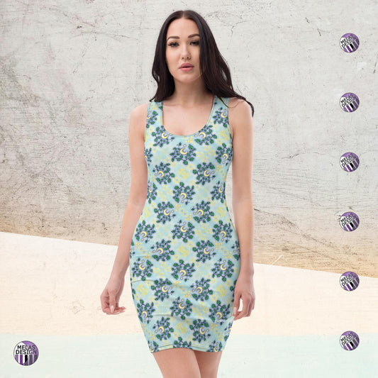 Ivy Moon Stars Witchy Bodycon Dress; Product mockup on model facing front; Melasdesign logos