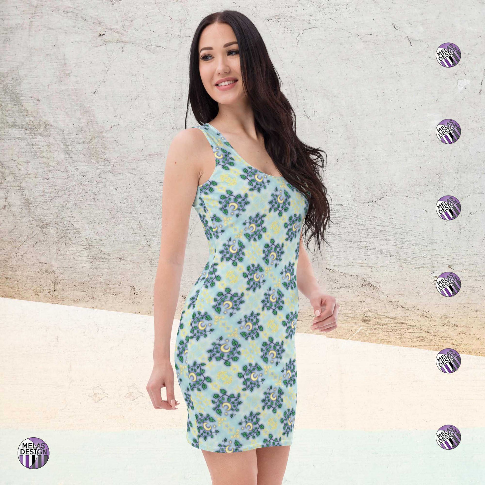 Ivy Moon Stars Witchy Bodycon Dress; Product mockup on model facing right; Melasdesign logos