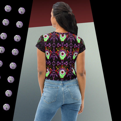 Electric Eye Crop Tee Horror Hamsa Fashion; Product mockup back on female model; Melasdesign logos