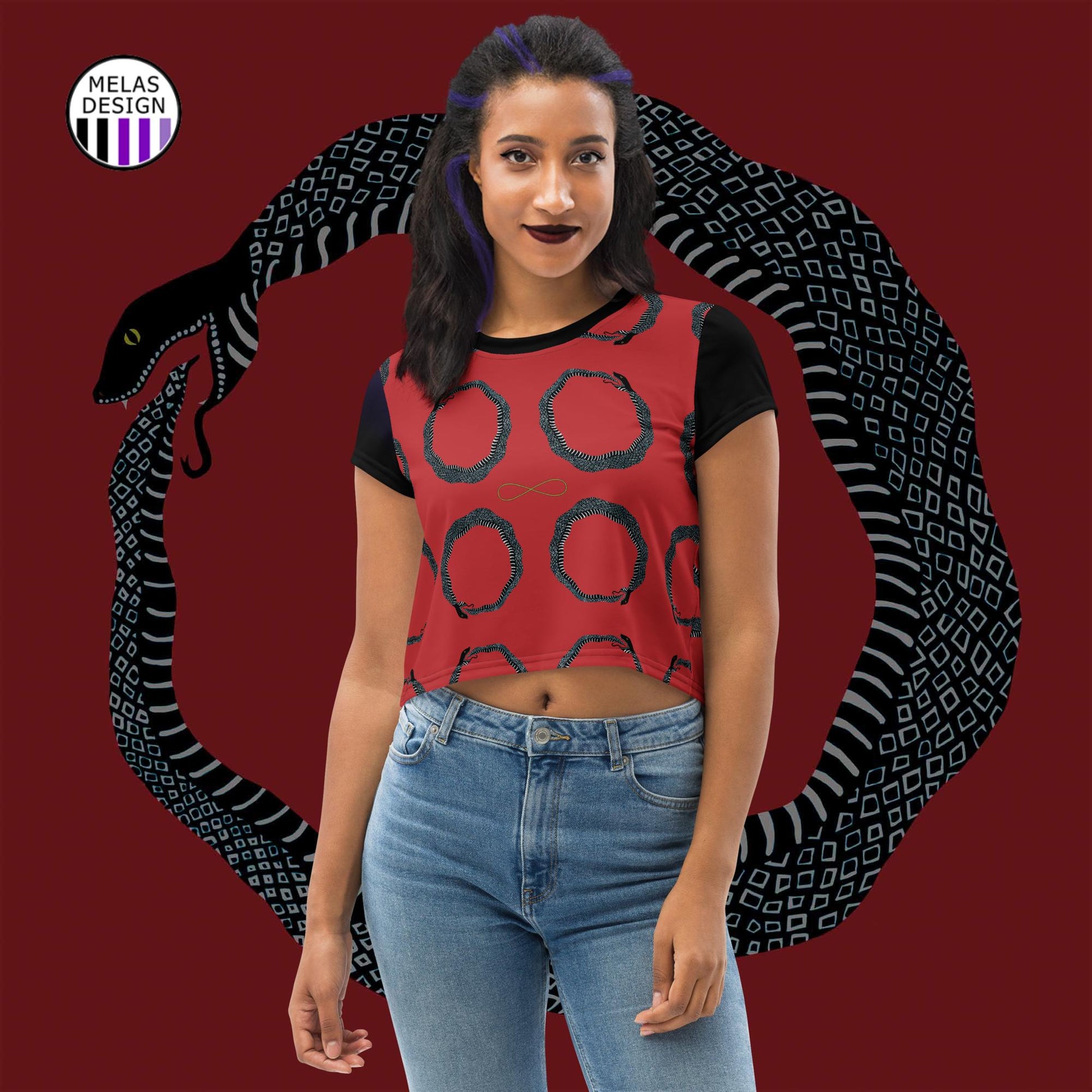 Ouroboros Infinity Crop Tee; Melasdesign; Witchy Gothic Clothes Collection; crop top; crop tops; allover print; womens; plus size; regular size; goth; witch aesthetic; style; fashion; Thomas WV