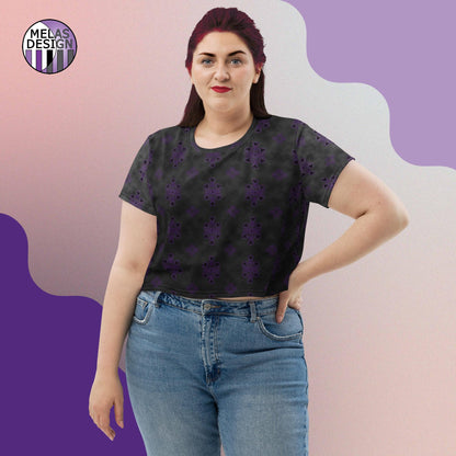 Witchy Ombre Cloudy Crop Tee; Melasdesign; alternative; pagan; gothic; witchy; occult; fashion; top; crop; product mock-up on plus size model against color block background with Melasdesign logo