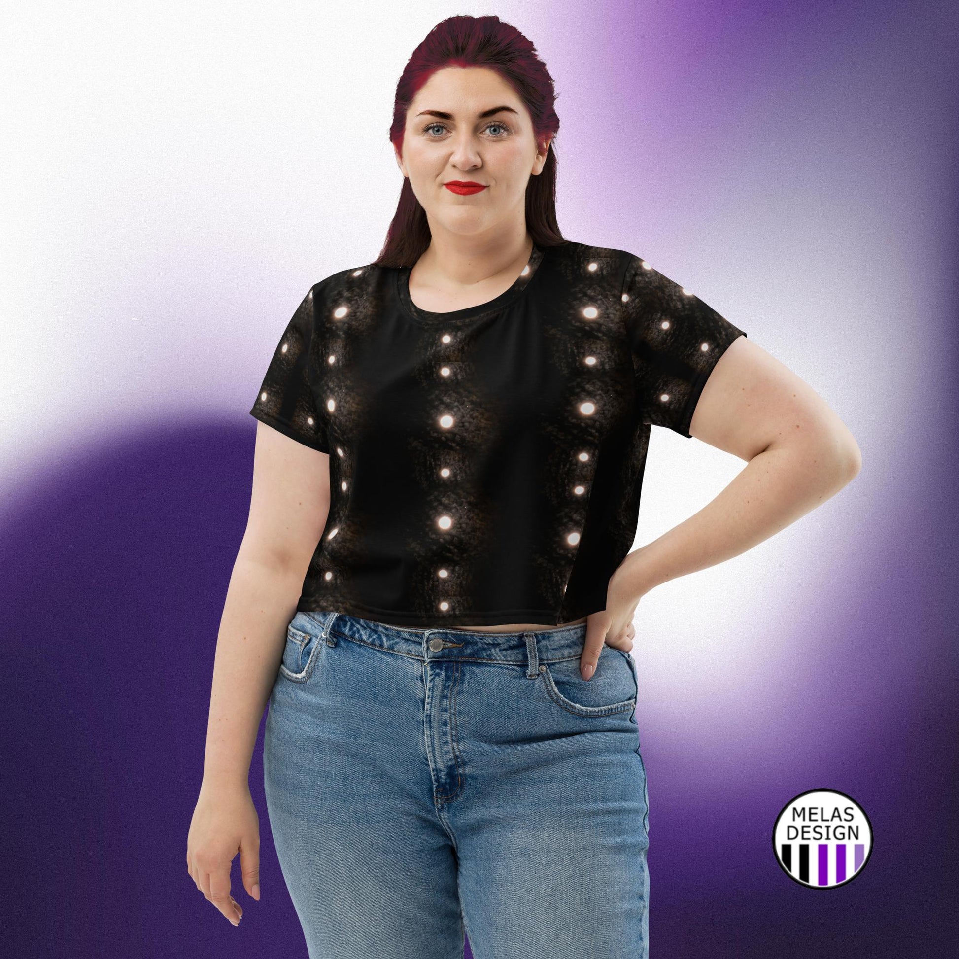 Full Moon in Dotted Stripes Crop Tee; Melasdesign; alternative; witchy; pagan; gothic; fashion; style; tops; plus size; 2x; 3X