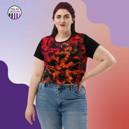 Ravens and Crows Crop Tee; ravens crows; crop top; crop t-shirt; allover print; Melasdesign; goth; gothic; EA Poe; alternative; witchy; style; fashion; small business; spooky season; Halloween; abstract; expressionist; red black; XL-3X