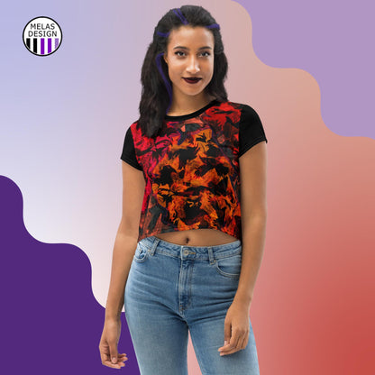 Ravens and Crows Crop Tee; ravens crows; crop top; crop t-shirt; allover print; Melasdesign; goth; gothic; EA Poe; alternative; witchy; style; fashion; small business; spooky season; Halloween; abstract; expressionist; red black; XS-L