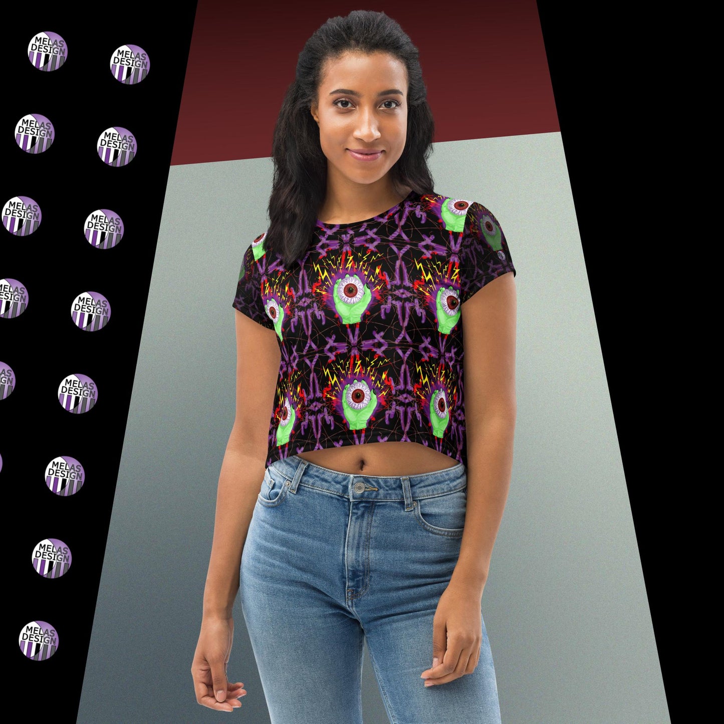 Electric Eye Crop Tee Horror Hamsa Fashion; Product mockup front on female model; Melasdesign logos