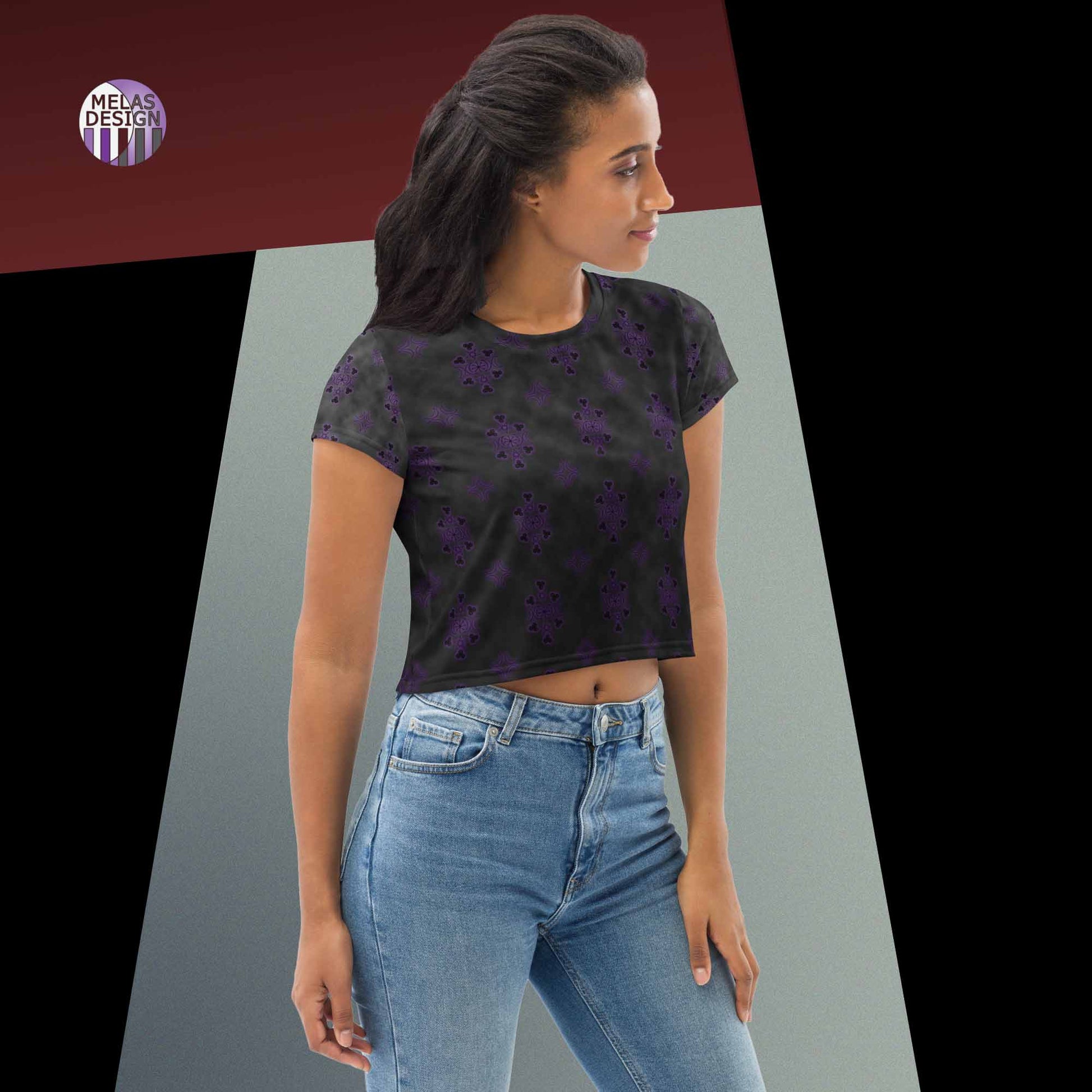 Witchy Ombre Cloudy Crop Tee; Melasdesign; alternative; pagan; gothic; witchy; occult; fashion; top; crop; product mock-up on model facing right against color block background with Melasdesign logo