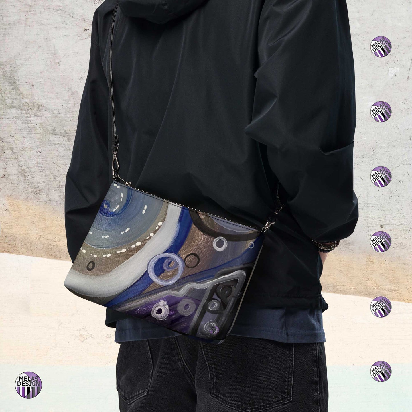 Empowering Spectrum Cross-Body Bag Toast; Product mockup worn cross-body on back by male model; Melasdesign logos