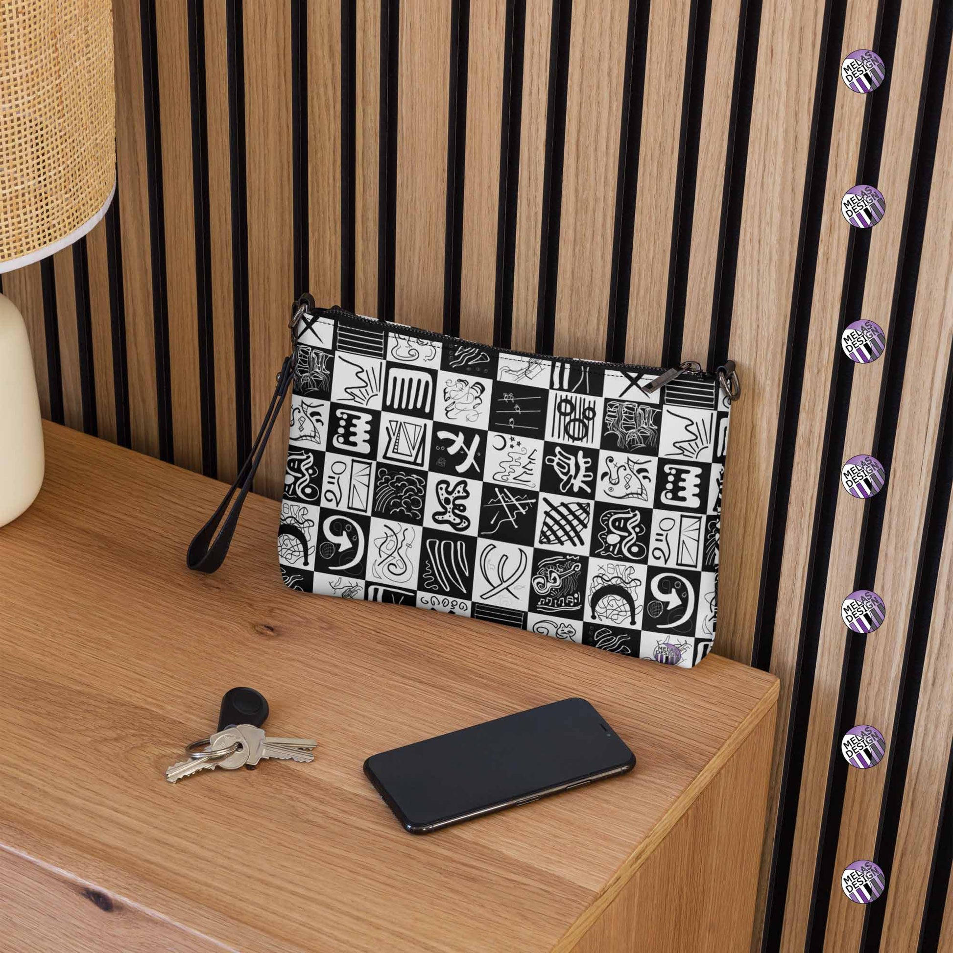 Checkered Crossbody Bag; Melakandinsky Abstract; Product mock up on side table with keys and phone