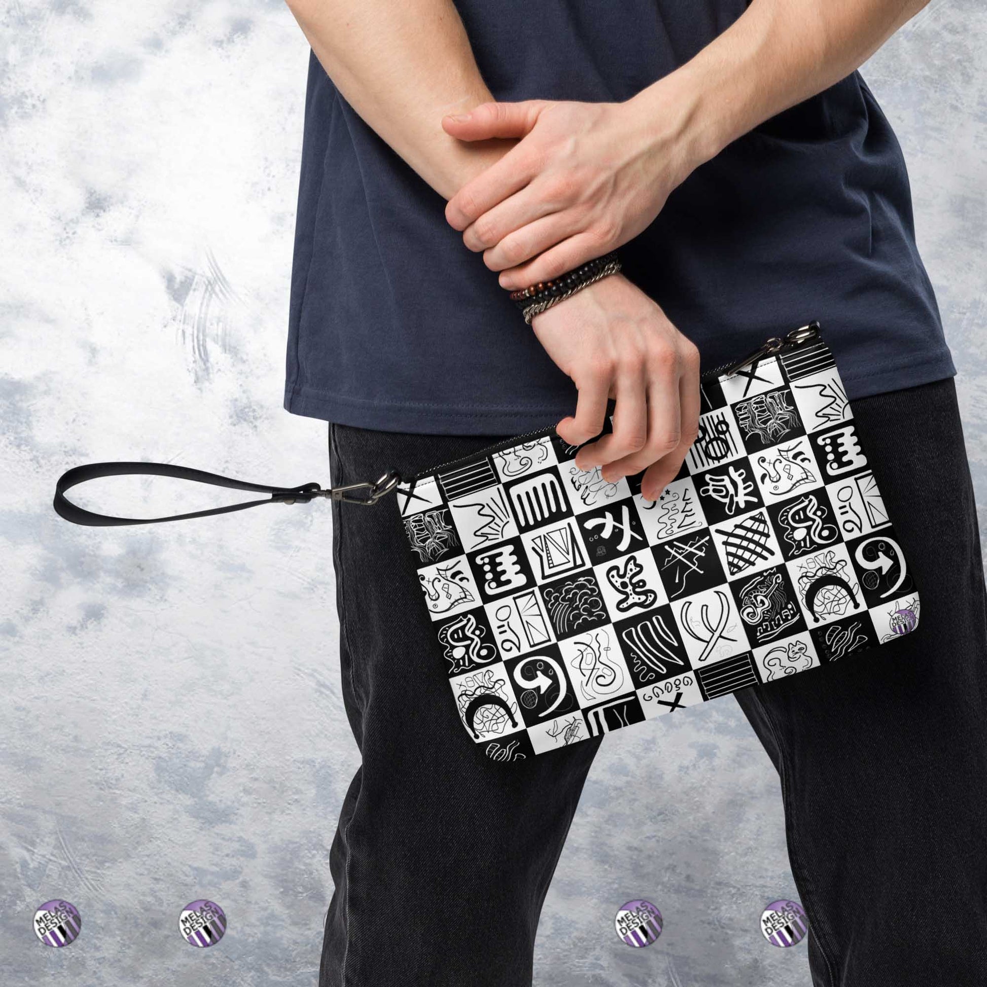 Checkered Crossbody Bag; Melakandinsky Abstract; Product mockup held by male model; Melasdesign logos