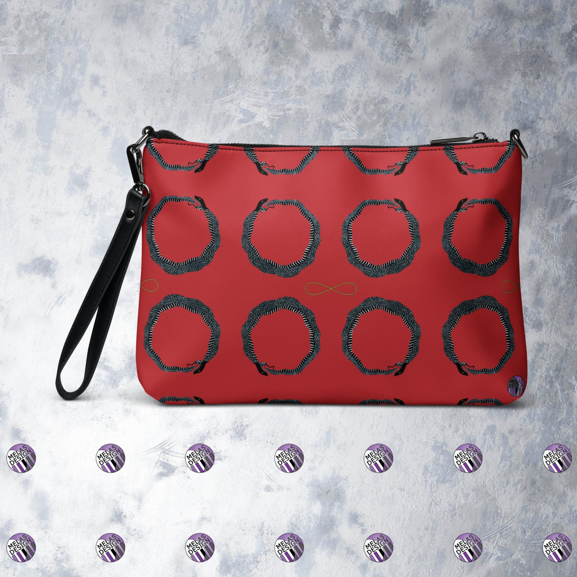 Ouroboros Infinity Cross-Body Bag Red Black; Product mockup back; Melasdesign logos