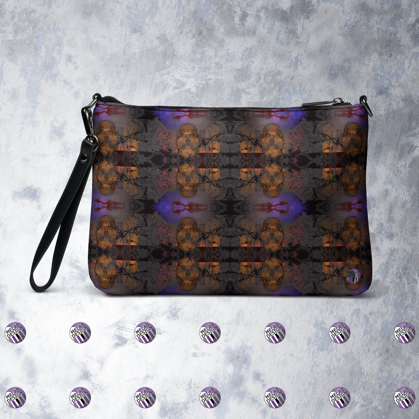 Grave Dirt Grotesque Skulls Cross-Body Bag; Product mockup back; Melasdesign logos