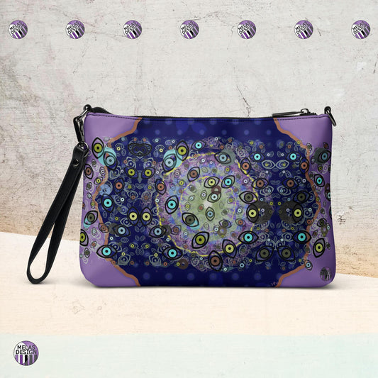 Melas Third Eye Cross-Body Bag Plus Some; Product mockup front; Melasdesign logos