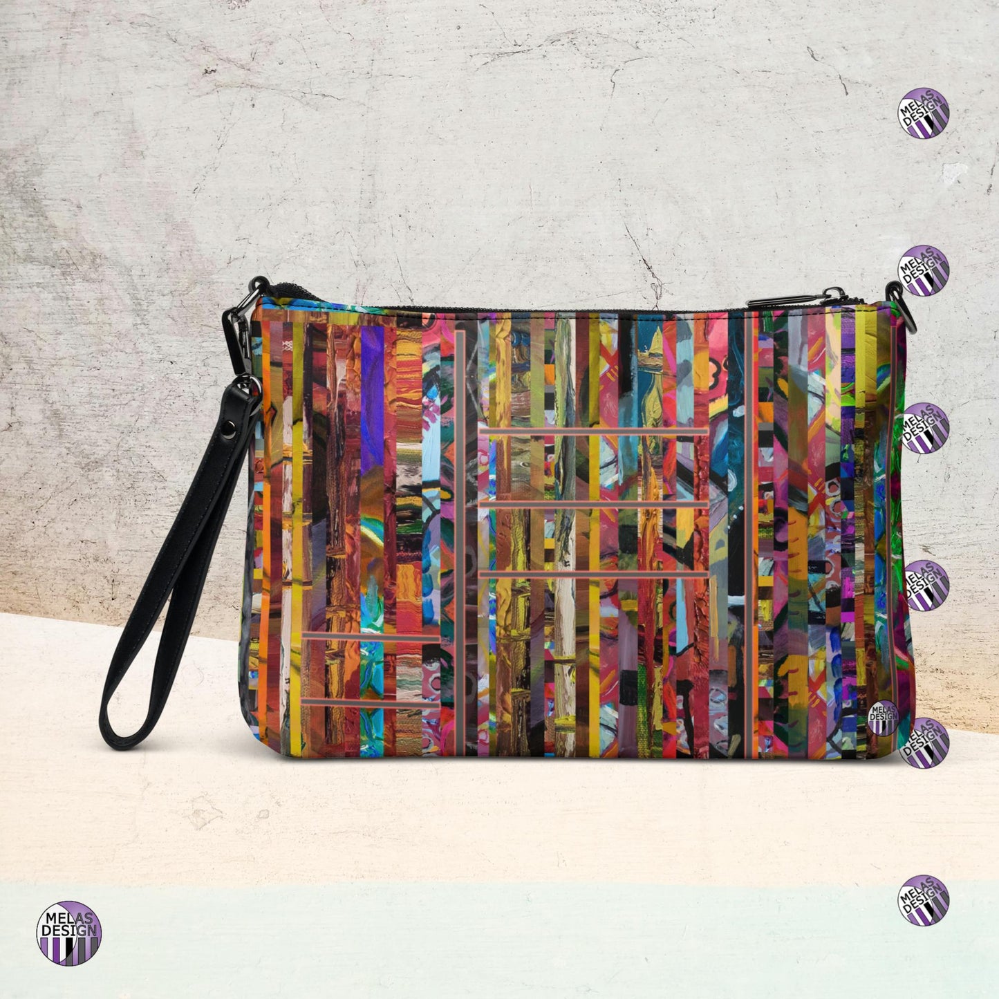 Stripped Striped Abstract Cross-Body Bag; Product mockup back; Melasdesign logos