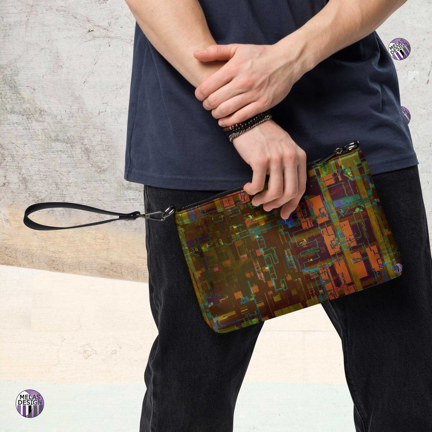 City Windows Cross-Body Bag Digital Abstract; Product mockup carried by male model; Melasdesign logos