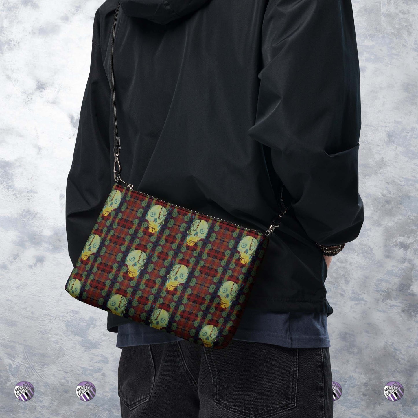 Vampire Skull Cross Body Bag Paris Catacomb; product mock-up as unisex back at full extension; Melasdesign logos