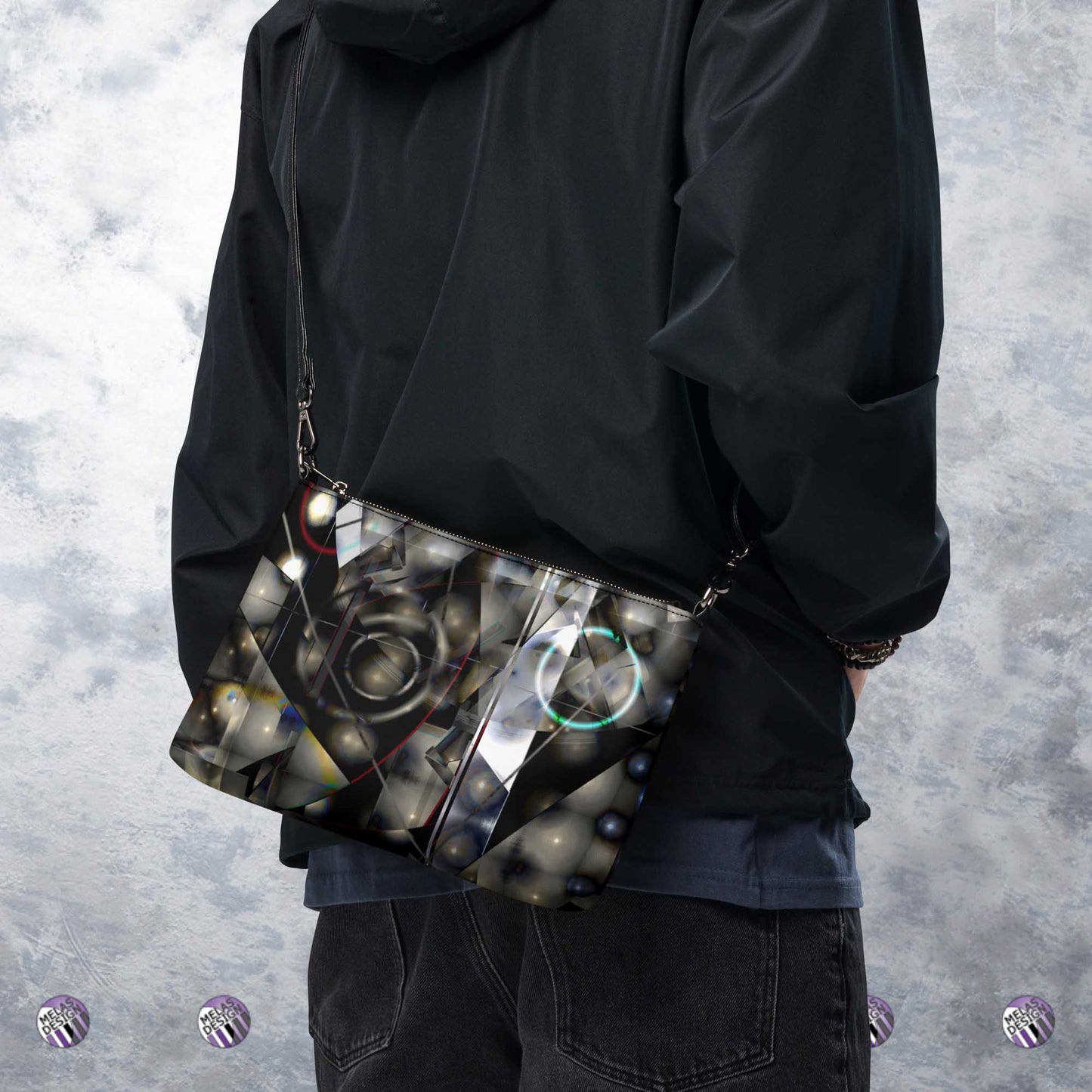 Cold Moon Solstice Meditation Cross-Body Bag; Product mockup worn cross-body by male model; Melasdesign logos