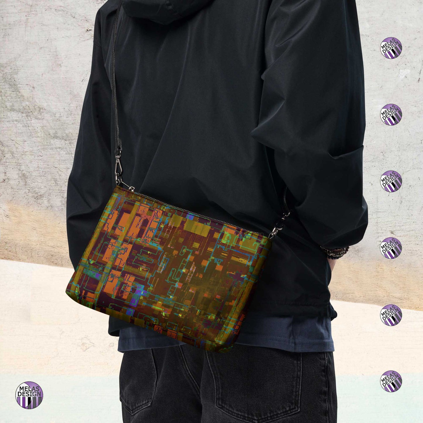 City Windows Cross-Body Bag Digital Abstract; Product mockup worn over should on back of male model; Melasdesign logos