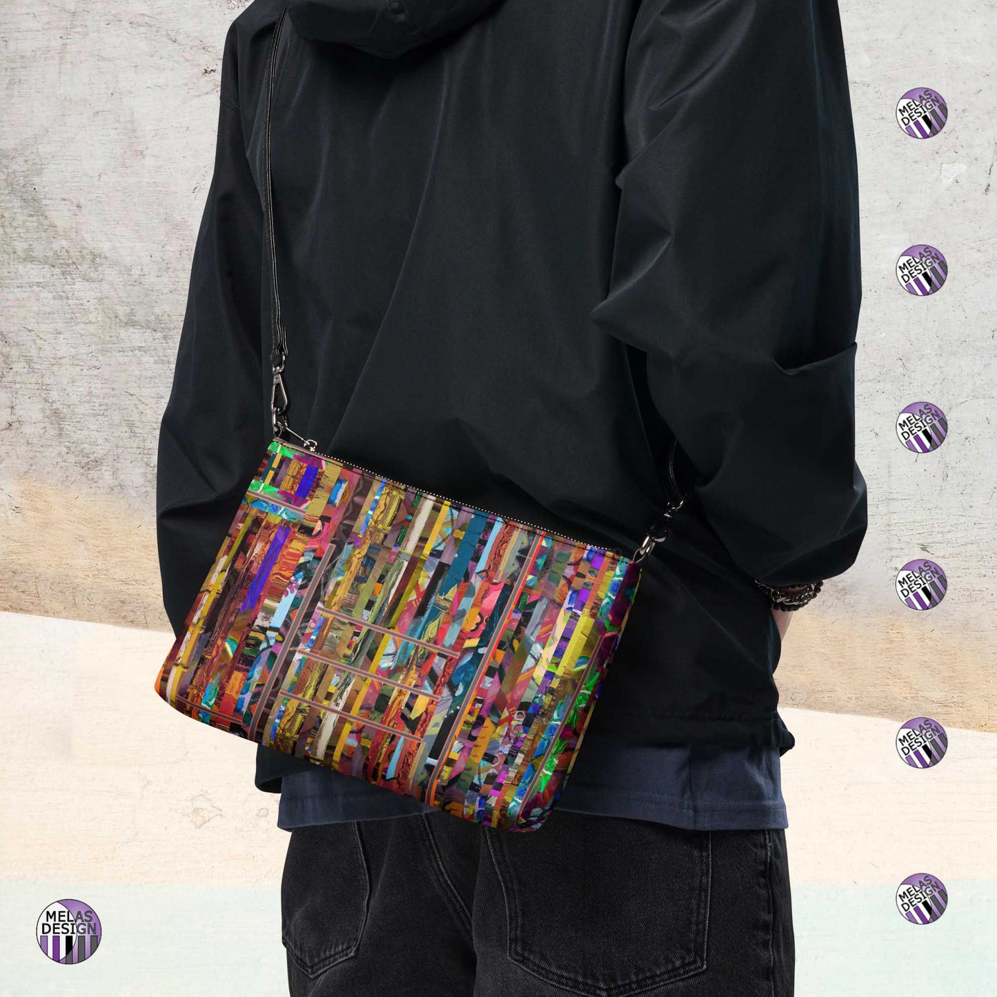 Stripped Striped Abstract Cross-Body Bag; Product mockup worn over should on back of male model; Melasdesign logos