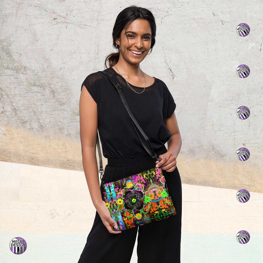 Flower Power; Trippy Zinnia Crossbody Bag; Product mockup on female model; Melasdesign logos