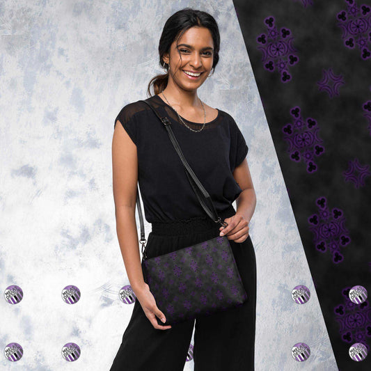 Benevolent Witchy Symbols Cross Body Bag Ombre; Product mockup on female model with design detail and Melasdesign logos