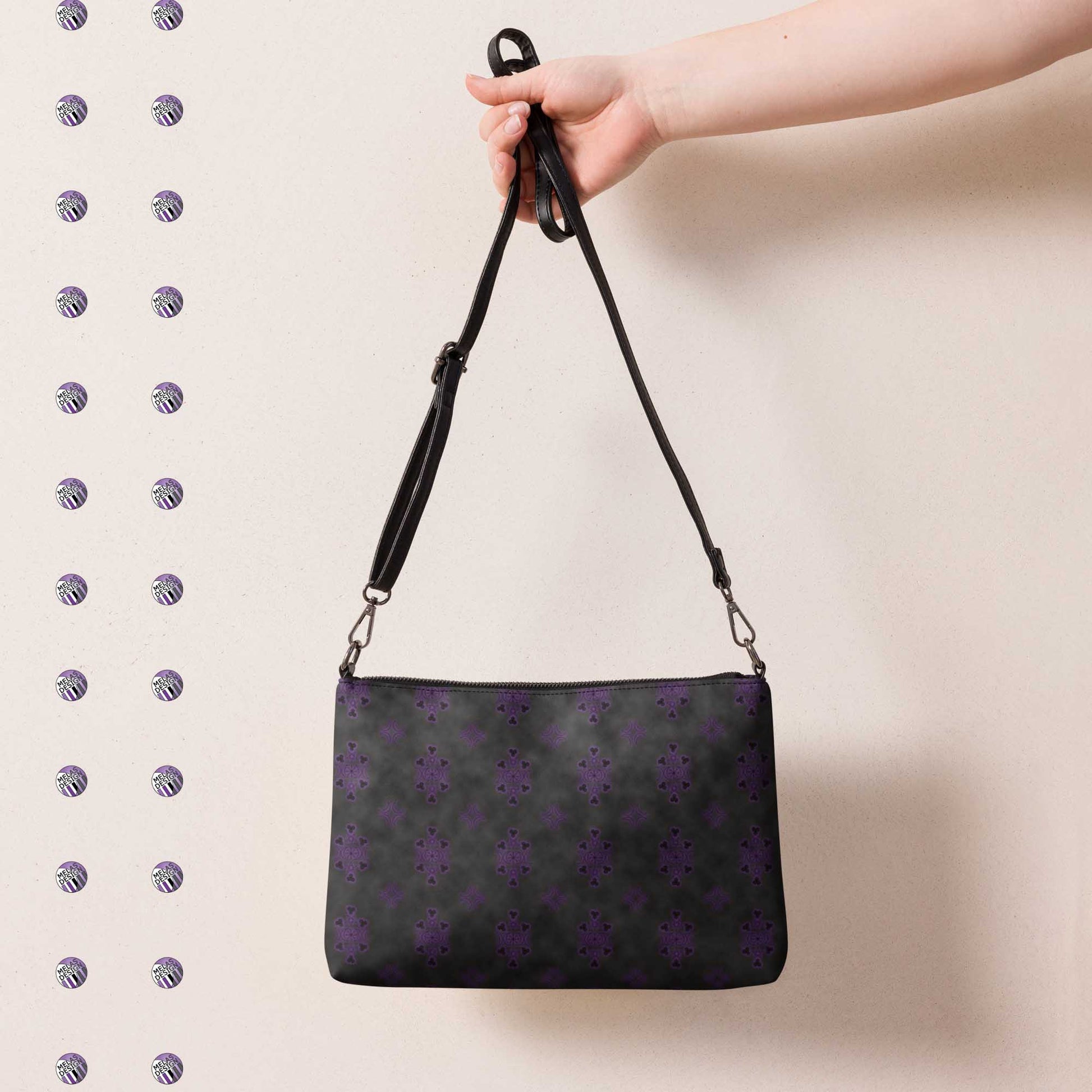 Benevolent Witchy Symbols Cross Body Bag Ombre; Product mockup held from extended hand; Melasdesign logos