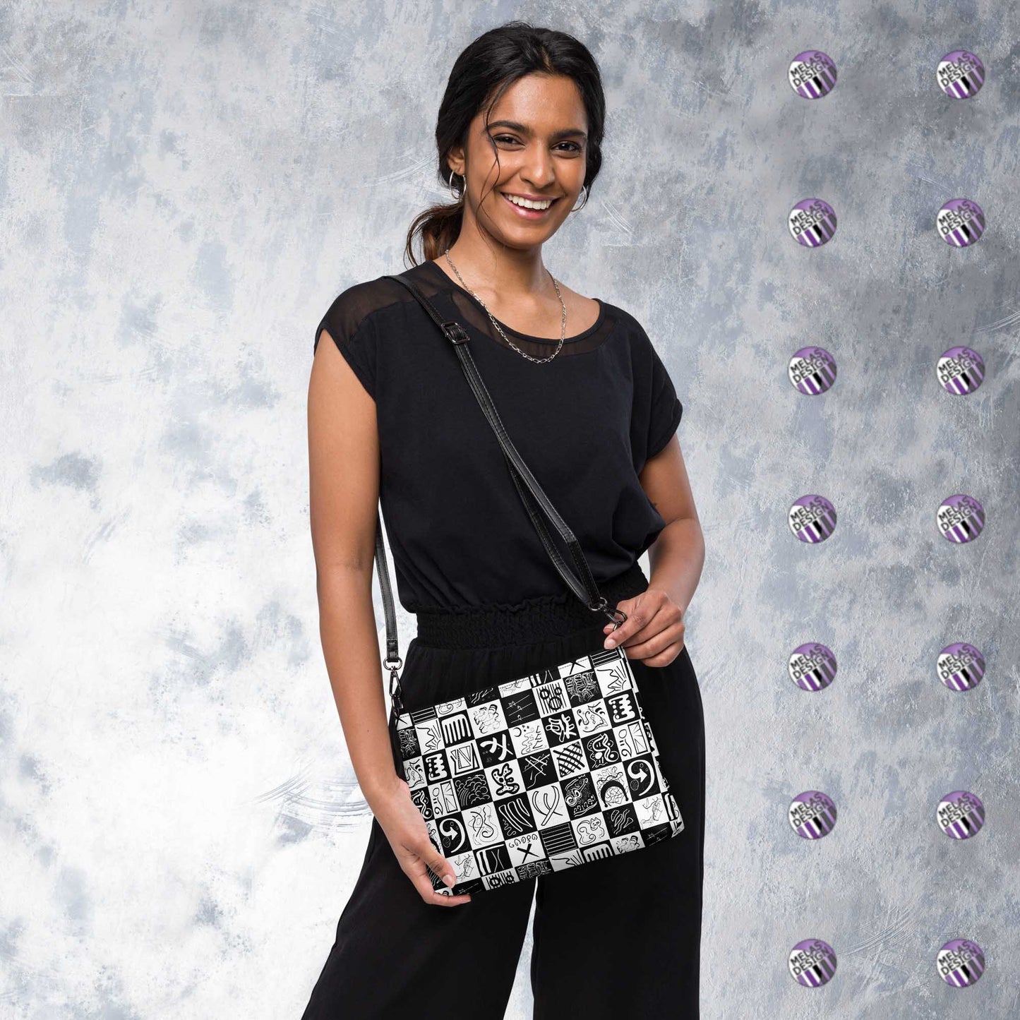 Checkered Crossbody Bag; Melakandinsky Abstract; Product mockup on model and Melasdesign logos