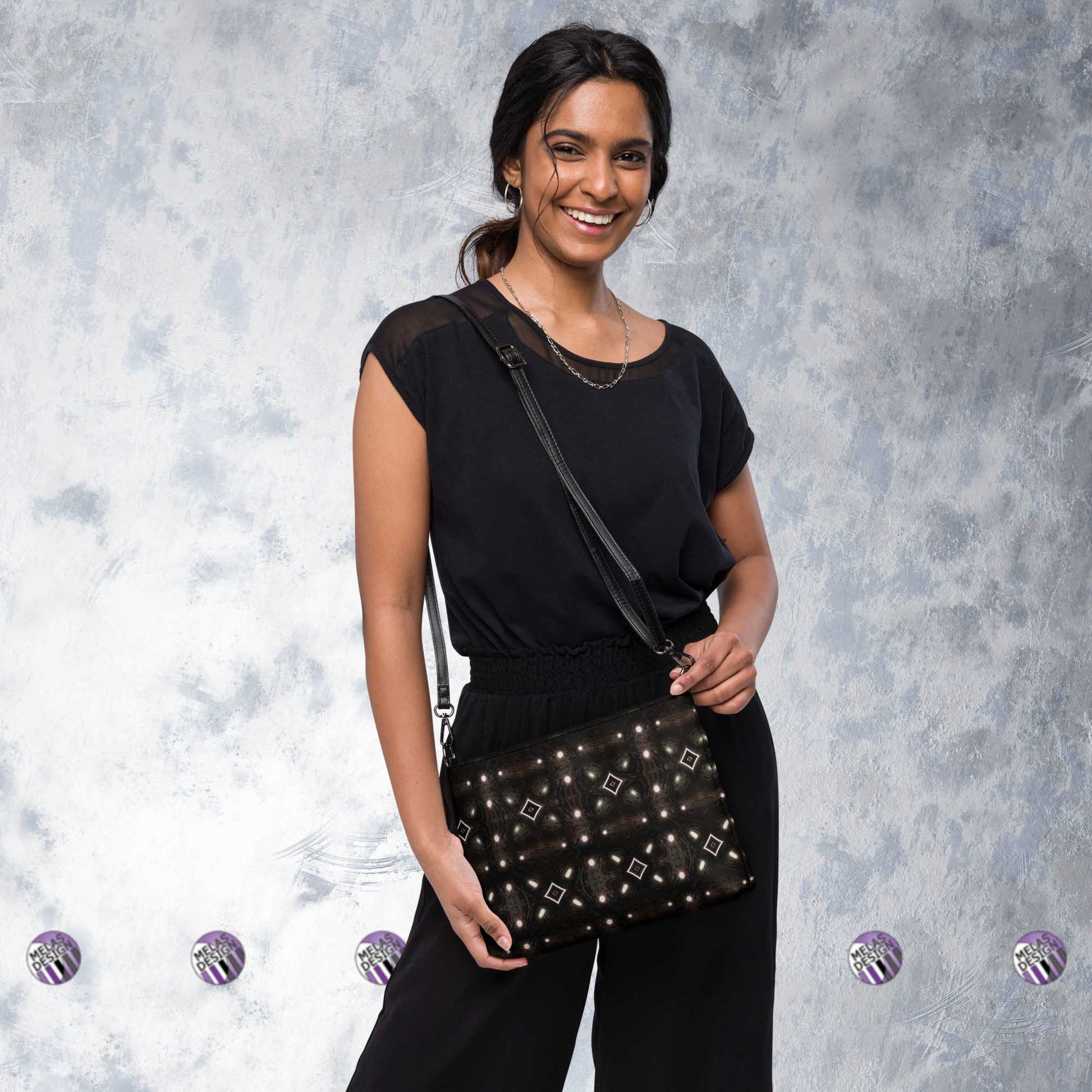 Moon Diamonds Cross Body-Bag Witchy Fashion; product mockup worn over shoulder by female model; Melasdesign logos