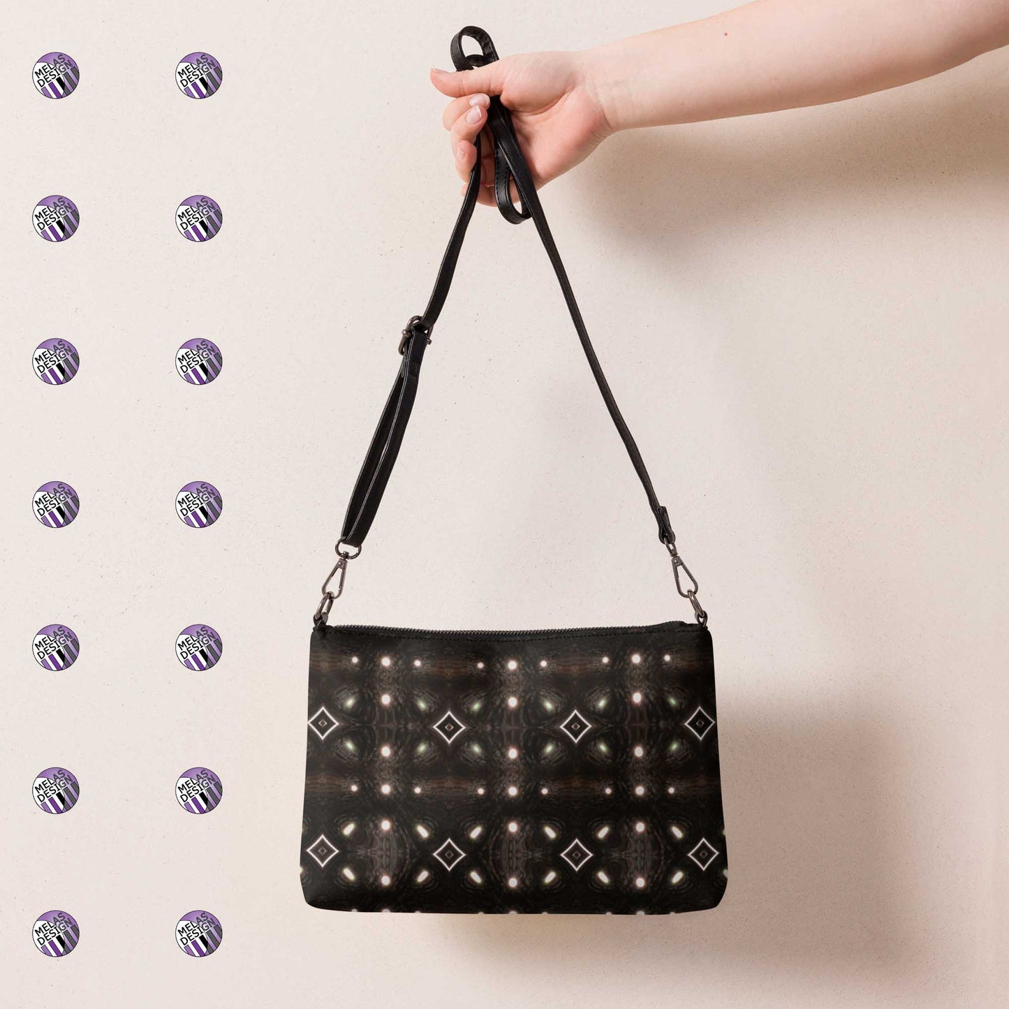 Moon Diamonds Cross Body-Bag Witchy Fashion; product mockup hanging from extended hand; Melasdesign logos