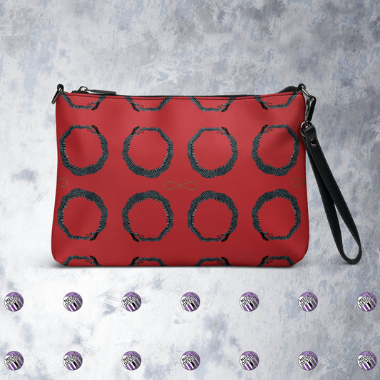 Ouroboros Infinity Cross-Body Bag Red Black; Product mockup front; Melasdesign logos