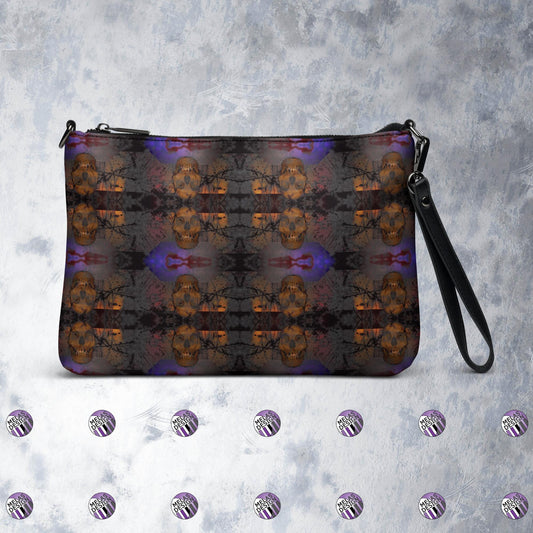 Grave Dirt Grotesque Skulls Cross-Body Bag; Product mockup front; Melasdesign logos