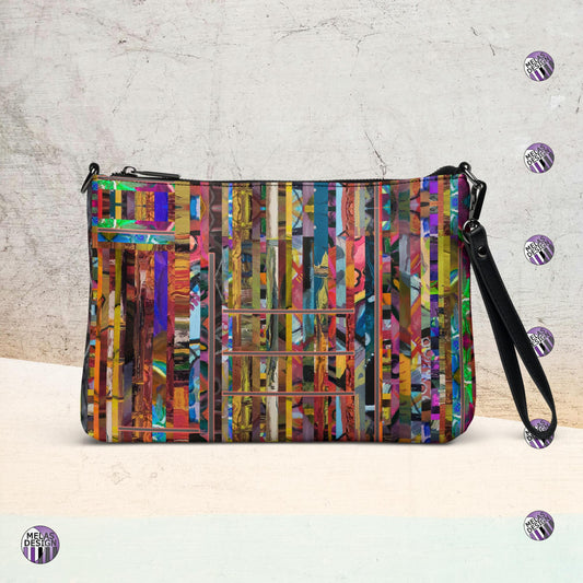 Stripped Striped Abstract Cross-Body Bag; Product mockup front; Melasdesign logos