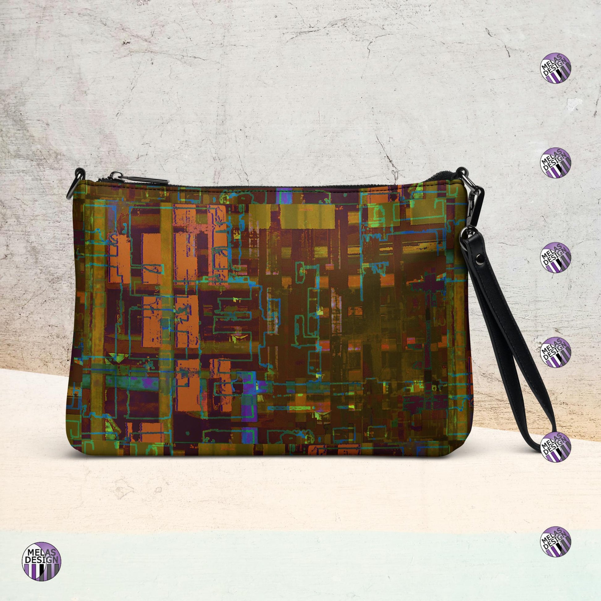 City Windows Cross-Body Bag Digital Abstract; Product mockup back; Melasdesign logos